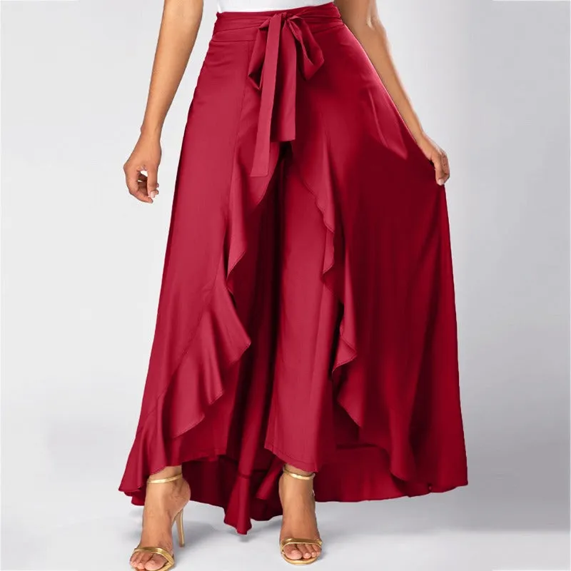 Elegant High Waist Causal Ruffle Drawstring Trouser