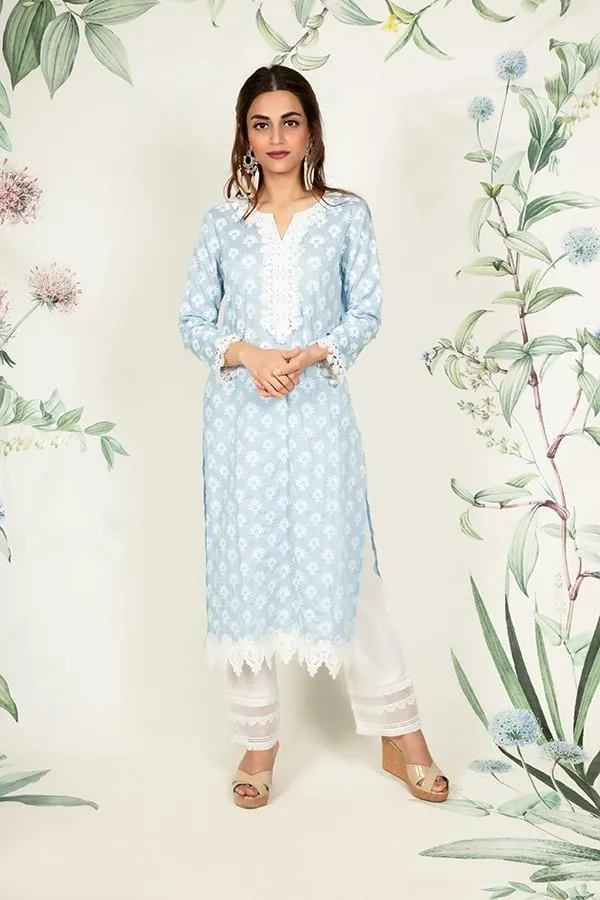Holly Kurta Light Blue and Multi Lace Pyajama